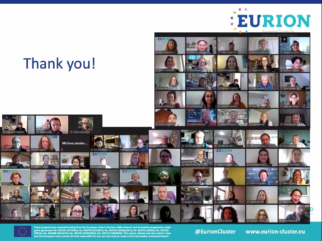 A fantastic meeting has come to an end. An extremely active zoom chat on the city to host us next has commenced! Excited for the next @EurionCluster 2022. 👏👏👏  to the organising team! @ATHENAprojectEU @beating_goliath @OBERON_4EU @ERGO_EU @freiaprojectEU @edcmet_eu @ScreenedH