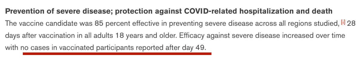 11. Thing to note about the J&J results: The immune response seemed to improve over time, with no cases in the vaccine arm after Day 49 post injection. It's possible maturation of the response may take longer with some vaxes than others. Durability an open Q for all the vaxes.