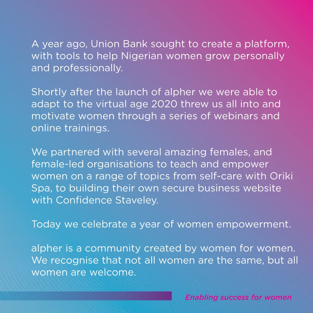 UNIONBANK_NG's tweet photo. alpher is 1!
78 partnerships, 297,000 women onboarded to alpher, 47,000 women empowered through loans, 10 capacity building trainings, 7,000 active users on the alpher hub, 12 events. What a ride!
#aplher #alpherWoman #TakeYourBestShot #alpherHub #alpherCommunity https://t.co/DvgOQ5nqdo