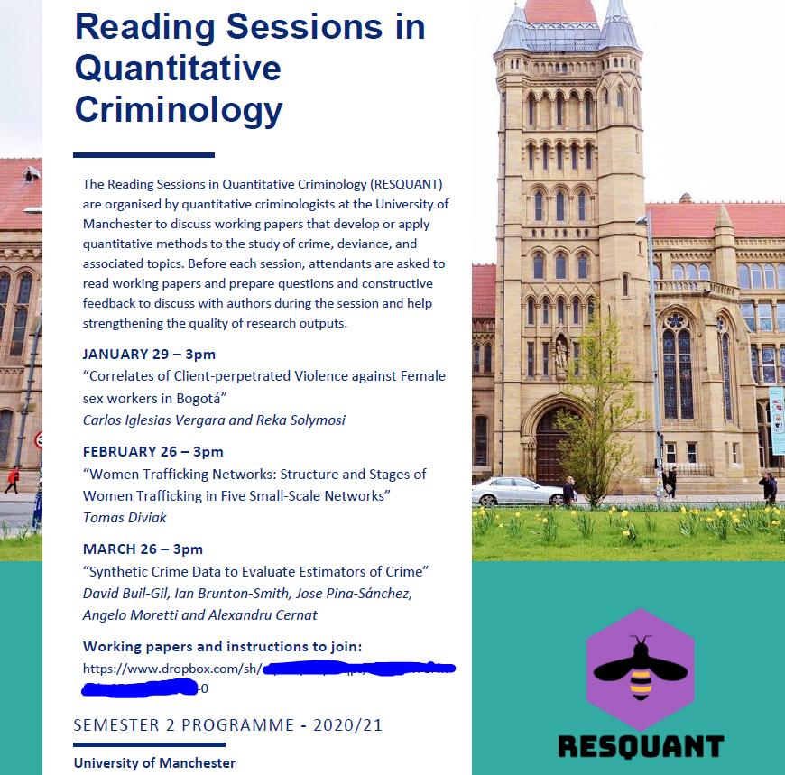 DavidBuil's tweet photo. Our first Reading Session in Quantitative Criminology #RESQUANT will start in just a few minutes!🤓 @CarlosI71090037 and @r_solymosi will discuss their paper 'Correlates of client-perpetrated violence against female sex workers in Bogota'💯 @CriminologyUoM https://t.co/PNr3ZQrz5I
