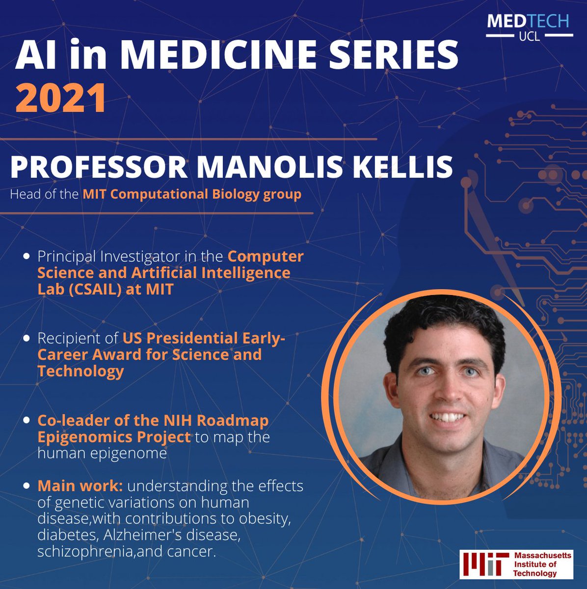 Next Wed Feb 3rd <a href="/ucl/">UCL</a> AI in Medicine Series: Don't miss out on your chance to hear from the brilliant <a href="/manoliskellis/">Manolis Kellis</a> from <a href="/MIT_CSAIL/">MIT CSAIL</a> about his incredible work on using genomics to understand human disease circuitry.

Get your tickets now! eventbrite.co.uk/e/ucl-ai-in-me…
<a href="/UCLMedTech/">MedTech UCL</a>