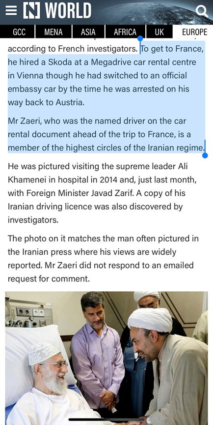 11)In 2017, Assadi rented a car & went from Austria to Paris on a recon mission of the targeted site.More importantly, the driver’s license used to rent the car was under “Mohammad Reza Zaeri,” cleric on the right. https://www.thenationalnews.com/world/europe/the-iranian-spy-whose-paris-bomb-plot-could-have-sparked-a-war-1.1117768