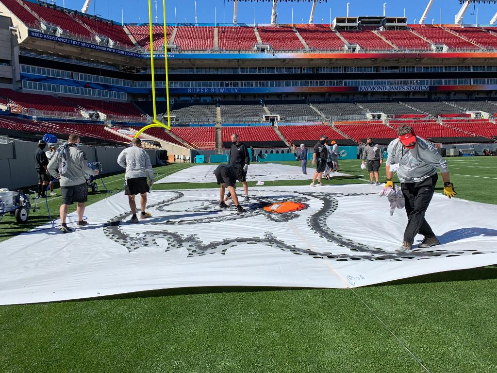 ToroGrounds's tweet photo. Field preparations in full swing at @RJStadium for #SBLV. Our many thanks to @wescoturf for their support. Honored to play a part in helping prepare the stadium and practice fields for the Big Game for over 50 years. https://t.co/fVKV4fS2mn