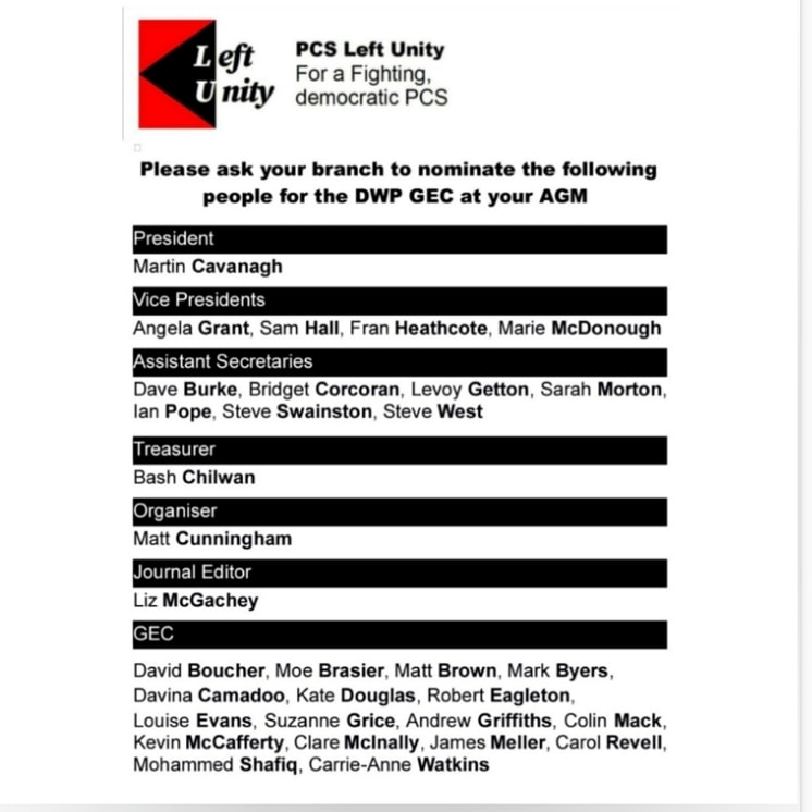 VoodooSteves's tweet image. PCS DWP members please support and nominate the below candidates at your branch AGMs

#PCSDWPelections #PCSLeftunity