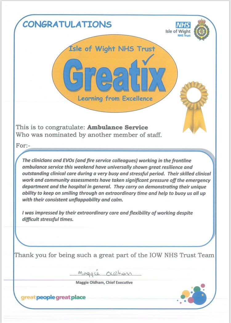 Isle of Wight Ambulance Service (@officialiowas) on Twitter photo Very proud it our <a href="/OFFICIALIOWAS/">Isle of Wight Ambulance Service</a> team and our colleagues <a href="/iwightfire/">Isle of Wight Fire & Rescue Service</a> who received this Greatix from <a href="/IOWNHS/">Isle of Wight NHS Trust</a> @ChiefExecIOWNHS we all continue to work hard for our community in these tough times. Very proud it our <a href="/OFFICIALIOWAS/">Isle of Wight Ambulance Service</a> team and our colleagues <a href="/iwightfire/">Isle of Wight Fire & Rescue Service</a> who received this Greatix from <a href="/IOWNHS/">Isle of Wight NHS Trust</a> @ChiefExecIOWNHS we all continue to work hard for our community in these tough times.