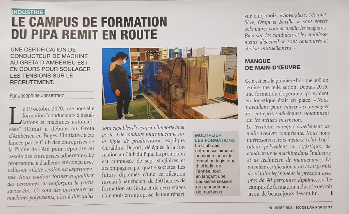 PipaClub's tweet image. [Campus de formation PIPA] La Presse en parle 👍
Merci à @Eco_Ain pour cet article sur notre session expérimentale de #formation #industrielle !
#plainedelain
