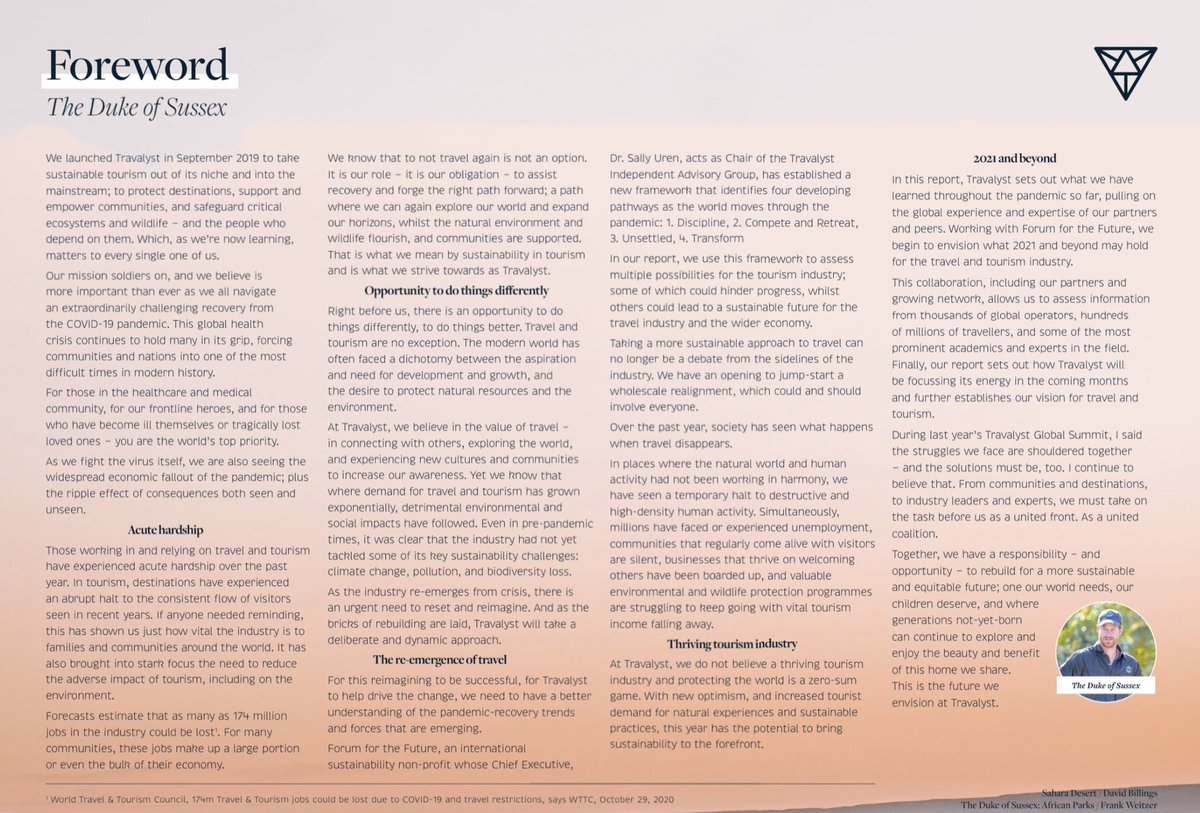 scobie's tweet photo. In a report for #Travalyst, Prince Harry writes about COVID-19’s devastating impact on the travel industry and the possibility for deep change that it brings: “It has brought into stark focus the need to reduce the adverse impact of tourism, including on the environment.”

READ👇🏻 https://t.co/t8folYvEAL