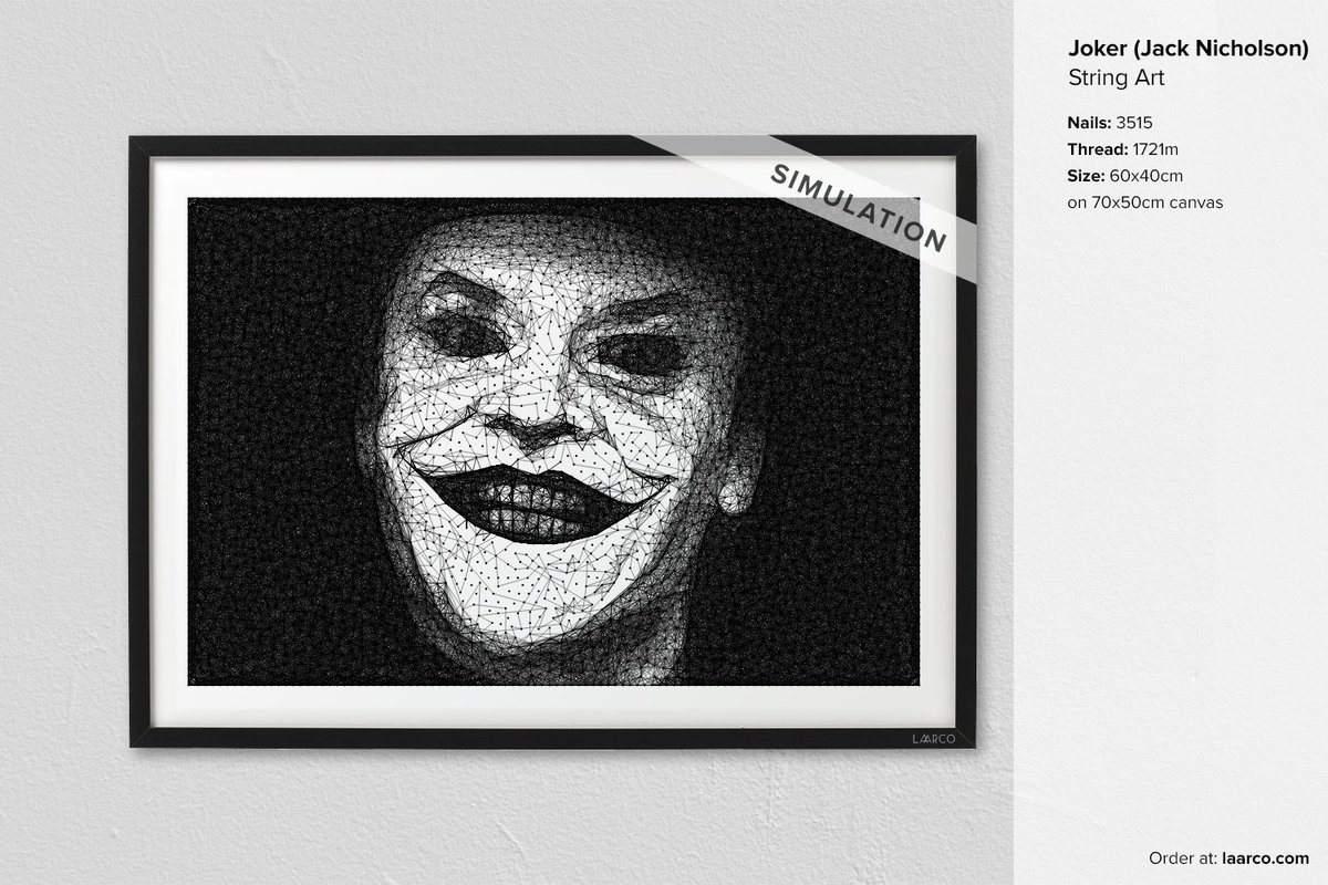 LaarcoStudio's tweet photo. Joker - Jack Nicholson (String Art Simulation)

“You ever dance with the devil in the pale moonlight?”
https://t.co/FAWFdOPm50

#stringart  #nailsandthread #algorithmicart #walldecor #decor #portrait #blackandwhite https://t.co/wOSd77Y21R