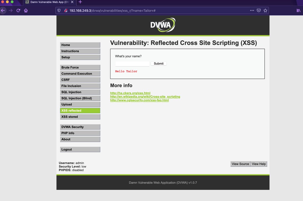 Reflection: Still working on this section but so far i’m gaining bug bounty skills. I now have burp suite apart of my pentesting environment and using firefox to be able to perform xss reflected attacks successfully. Currently using DVWA to practice these attacks.  #womenintech