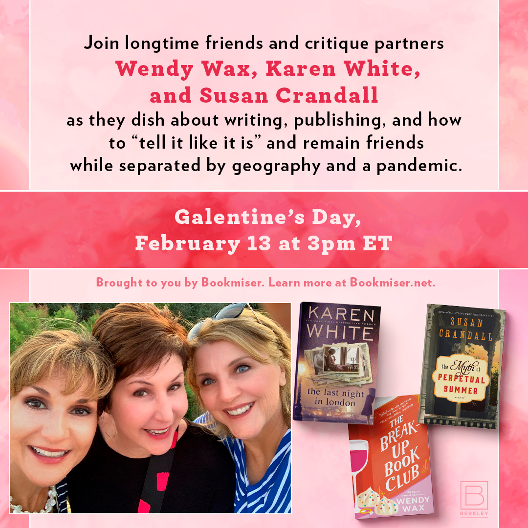 Join me along with longtime friends and critique partners, <a href="/KarenWhiteWrite/">Karen White</a> and <a href="/SusanCrandall/">Susan Crandall</a>, for #GalentinesDay! 

Brought to you by @RealBookmiser! Register for this FREE event here: eventbrite.com/e/galentines-d…

Happening via Zoom, 2/13 at 3pm ET.