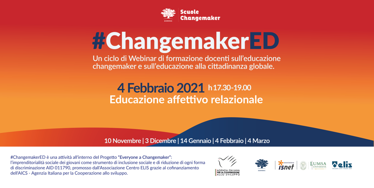 AshokaItaly's tweet photo. 4 Feb. h 17.30 ti aspettiamo a #ChangemakerED! Con la #ScuolaChangemaker "Scuola-Città Pestalozzi"per parlare di Educazione affettivo relazionale. Per iscriversi 👉 https://t.co/ctlv0WhkKL @MIsocialTW @centroELIS @isnet4twr @aics_it @skuolanet @orizzontescuola @scuolainforma https://t.co/KTT5GhkiBu