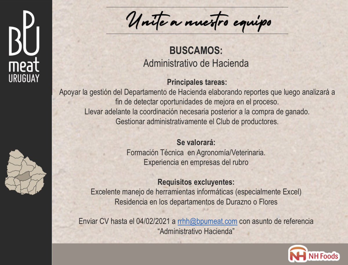 lula_carriquiry's tweet photo. Oportunidad de empleo en BPU Meat: administrativo para el equipo de Hacienda. Interesados, enviar CV a rrhh@bpumeat.com Ref: Administrativo Hacienda https://t.co/s3oWp0Gs21