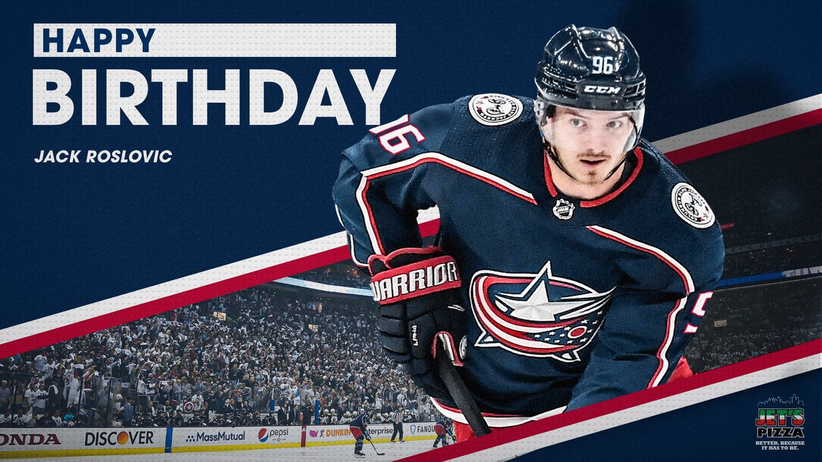 BlueJacketsNHL's tweet photo. Retweet to wish @JRoslovic96 a happy birthday! 🥳

#CBJ | @JetsPizza https://t.co/hwcgGTD00g