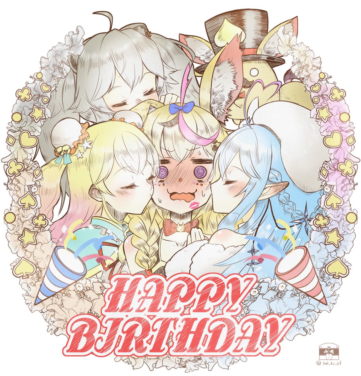 momosuzu nene ,omaru polka ,shishiro botan ,yukihana lamy multiple girls @ @ animal ears 4girls fox ears lion ears kissing cheek  illustration images