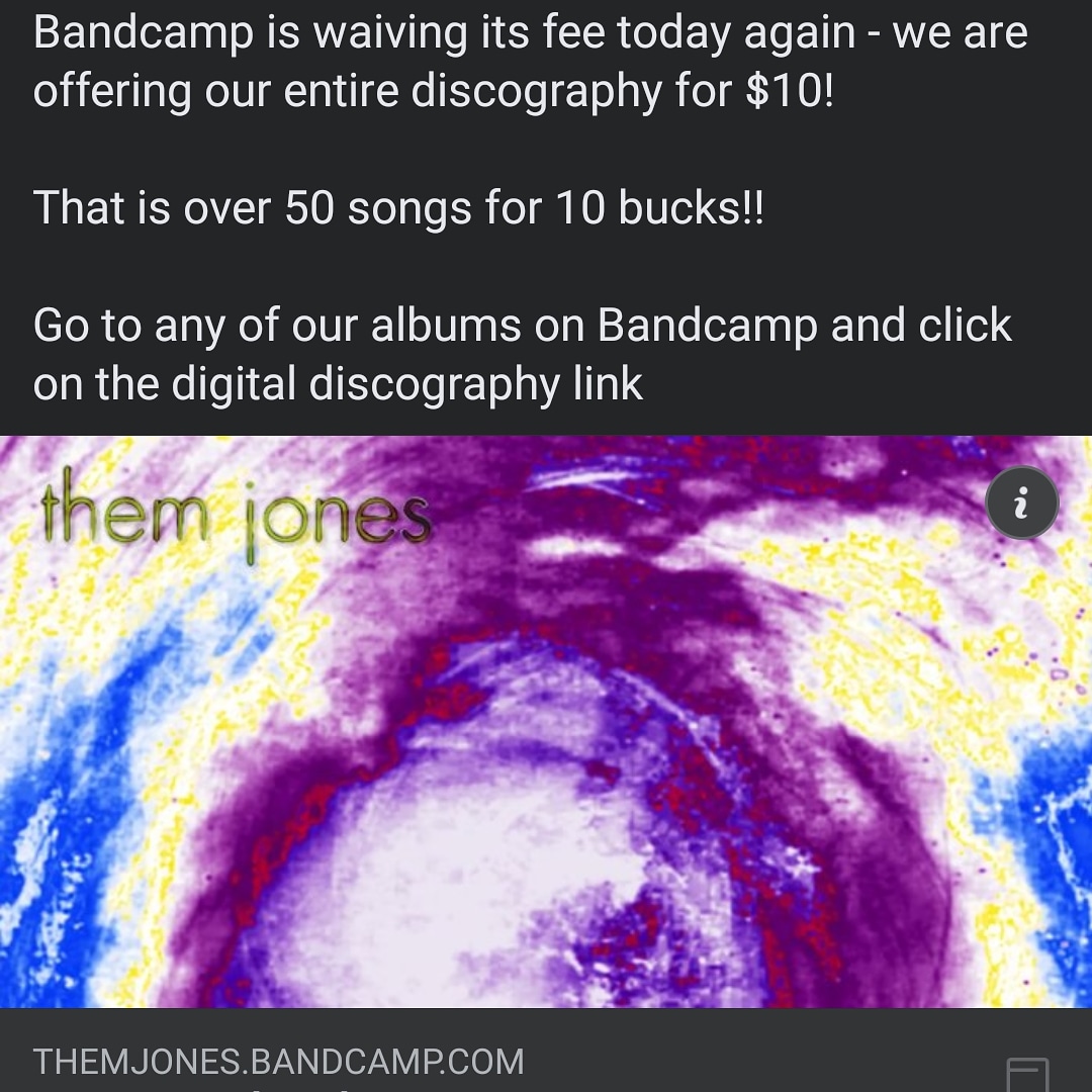 Them_Jones's tweet photo. Bandcamp waiving fee! Whole discography for 10$!

BUY BUY BUY https://t.co/CfI3oH3Nzj