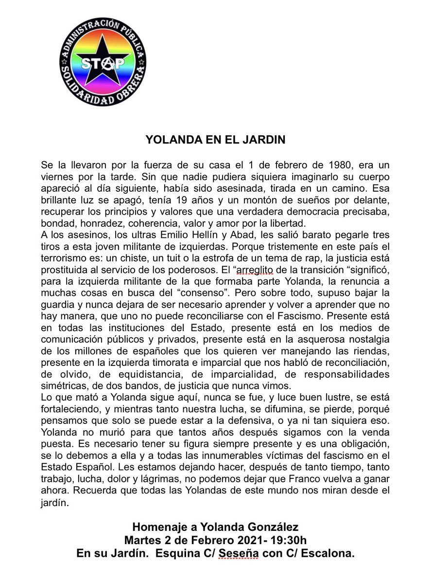 SoliStapMadrid's tweet photo. El fascismo avanza si no se le combate. 

Por Yolanda y todas las víctimas, nos vemos el martes 2 de febrero en su jardín (Aluche)
Ni un paso atrás!! https://t.co/vQ8d3gIv73
