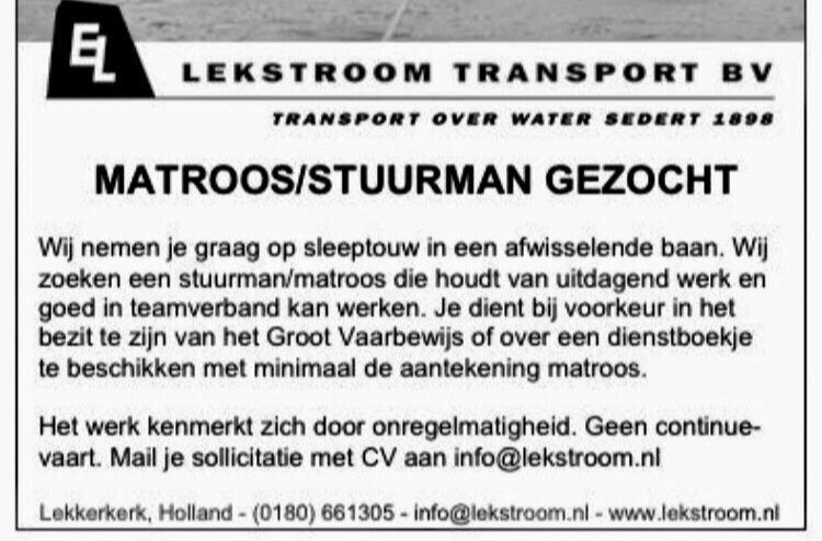 lekstroom's tweet photo. VACATURE STUURMAN/MATROOS op de Lekstroom 1.  Zie website of FB voor meer info https://t.co/tZErTWobii