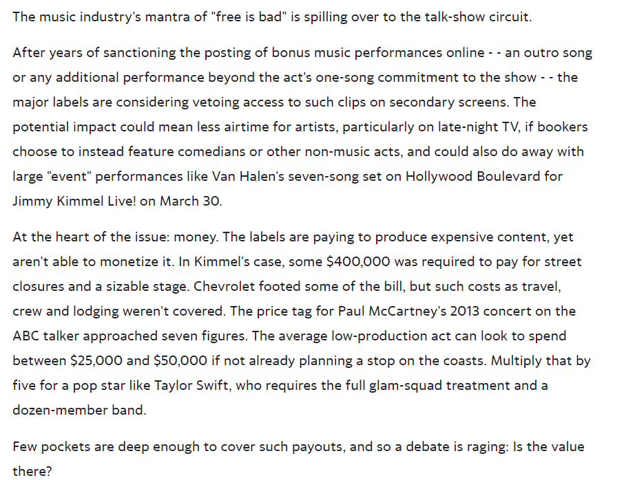 This article first appeared in the April 18 issue of Billboard.2015 https://www.billboard.com/articles/business/6531417/the-looming-war-between-the-major-labels-late-night-talk-shows