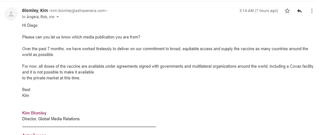 dgrados's tweet photo. Bastaba con escribirle a @AstraZeneca para desmentir a Butters y @willaxtv. Aquí la respuesta de su directora global de relaciones con medios (Relaciones Públicas): @ocram @rominabadoino @elmorsa  @jgodoym  @socioperiodismo @alvarezrodrich @elcomercio_peru @larepublica_pe https://t.co/X1XyQ373nm