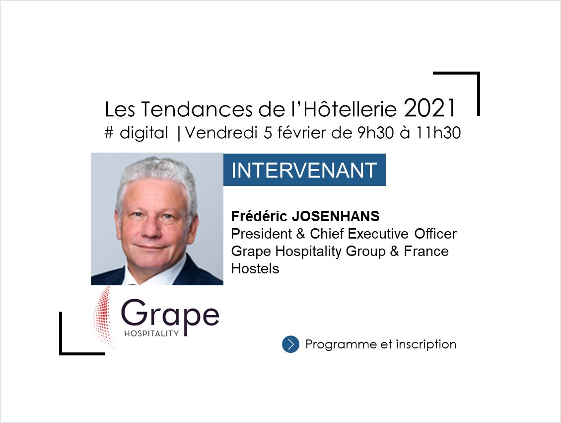 📣 Les Tendances de l'hôtellerie #digital 📣 le 5 février
Frederic Josenhans CEO de #GrapeHospitality et à la tête de près d'une centaine d'hôtels viendra échanger avec les invités de notre table ronde. 💡gratuit | 👉Programme et inscription : inextenso-tch.com/les-tendances-…