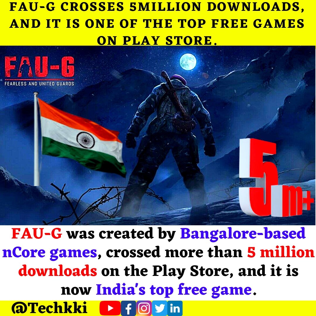 techkki's tweet photo. *FAU-G crosses 5million downloads, And It Is One Of The Top Free Games On Play Store.*
#techkki #FAUGMobile #faug #PlayStore #game #gaming #Viral #technology #MobileGame #Download #ncoregames #likesforlike #likes #followforfollowback #folllow #latestnews #updates #Twitter https://t.co/vcXp7wzkCM