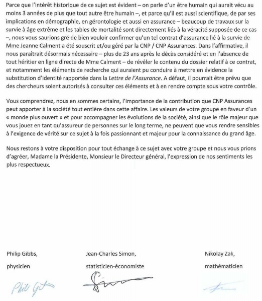 Merci <a href="/lettreassurance/">La Lettre de l’Assurance</a> <a href="/Benoit_Martin/">Benoit Martin</a> d'évoquer notre initiative avec <a href="/kolyazak/">Nikolay Zak</a> et P. Gibbs de lettre ouverte à <a href="/CNP_Assurances/">CNP Assurances</a> pour faire toute la lumière sur le cas de Jeanne Calment. Pour correspondre à ce sujet si vous avez des informations : cas.jeanne.calment@gmail.com