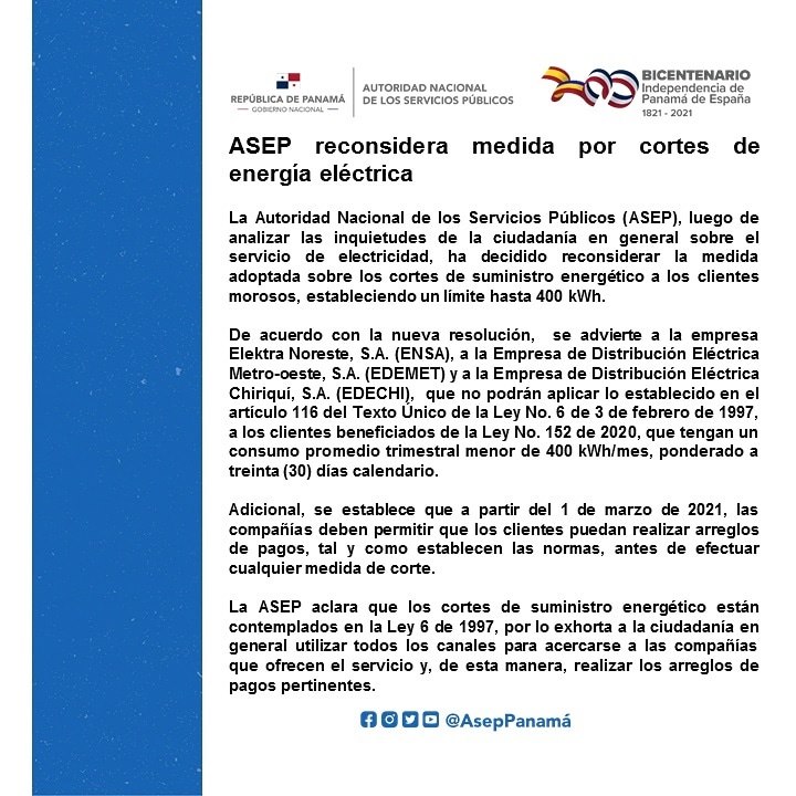 AsepPanama's tweet photo. @humbertopelaez @TatoPTY @minsa @ENSApanama #AsepInforma Se reconsidera la medida adoptada sobre los cortes de suministro energético a los clientes morosos, estableciendo un límite hasta 400 kWh https://t.co/R7htUCIhTn