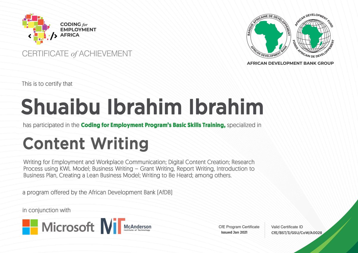 Danbolajari_BTC's tweet photo. I am happy to announce that I am a proud beneficiary of the #Coding4Employment Basic Skills Program in Nigeria. I was part of the cohort 3 Content Writing class and successfully graduated with a Certificate of Achievement. Congratulations to me and other beneficiaries. https://t.co/9FQQgVd1em