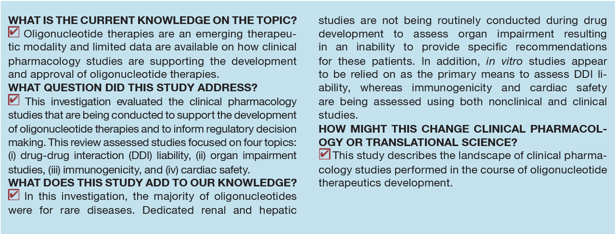 OTSociety's tweet photo. Clinical Pharmacology Studies Supporting #Oligonucleotide Therapy Development: An Assessment of Therapies Approved and in Development Between 2012-2018
#antisense #gapmer #splicemodulation #siRNA #RNAi @KhvorovaL @VasantRJadhav @oligogirl @ArtKrieg
https://t.co/hnlf7ocZEl https://t.co/FlGtV2Xk4d