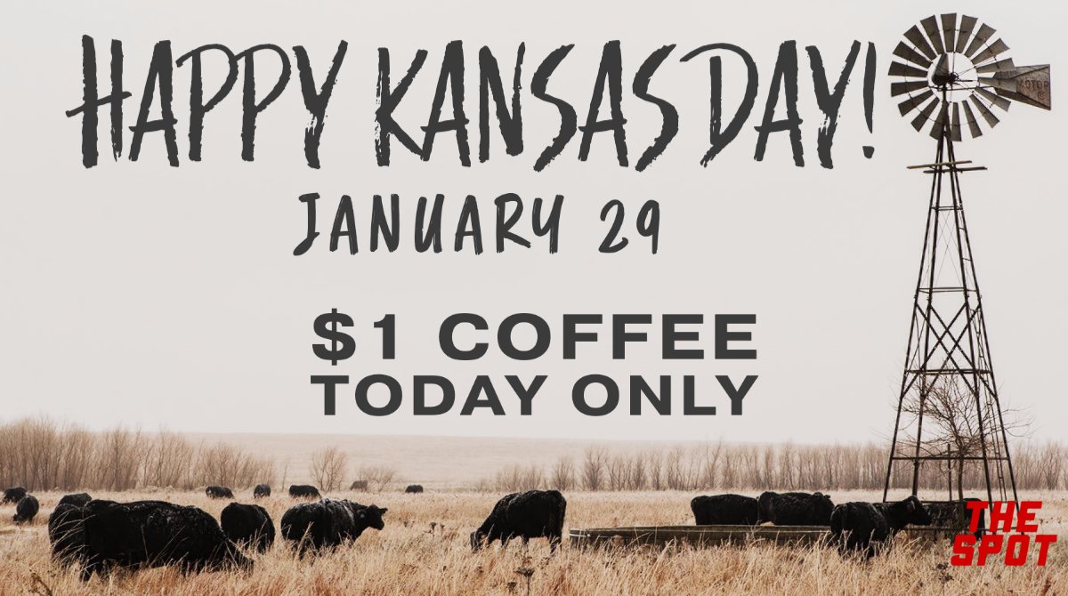 It's Kansas Day!🌽 To celebrate, we're giving away $1 cup o' coffee. See ya soon! 🌽 🐄