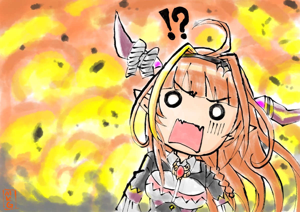 kiryu coco 1girl explosion solo horns orange hair open mouth ahoge  illustration images