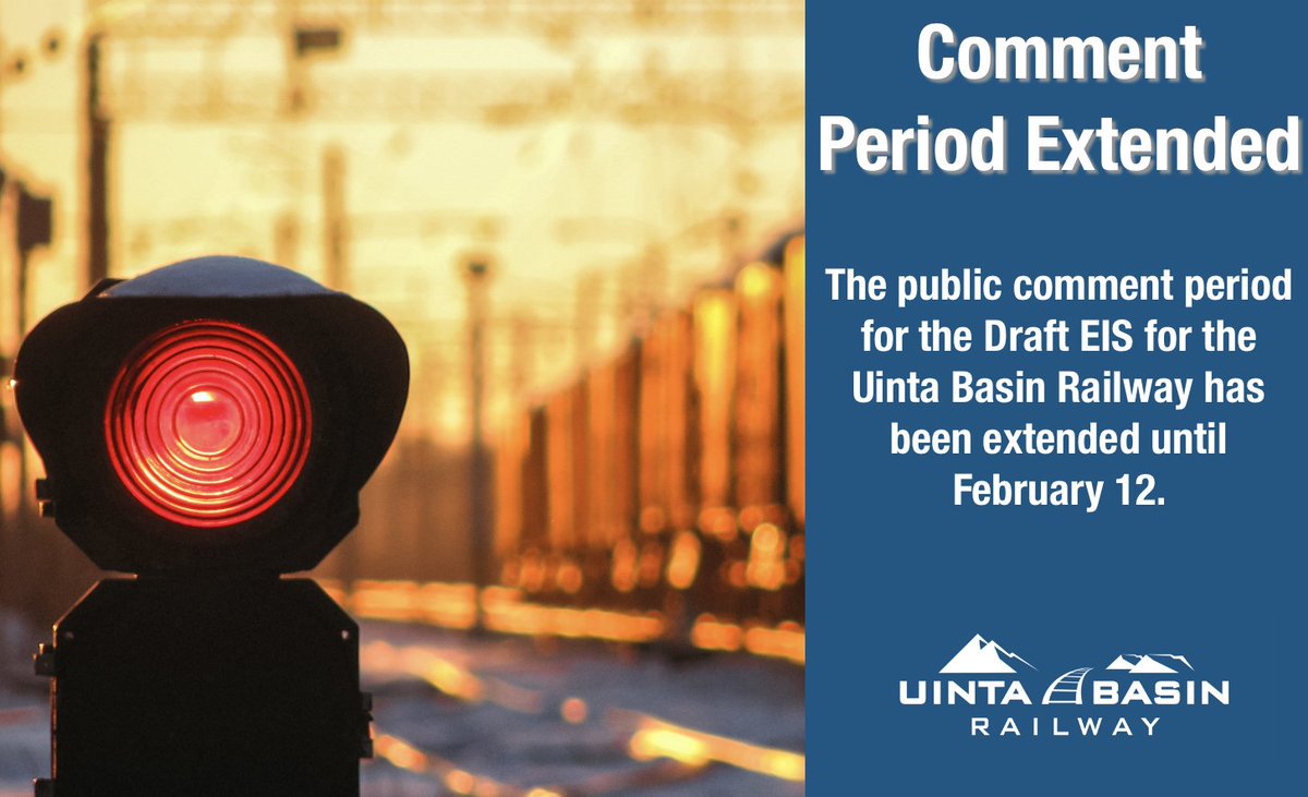 UintaBasinRWY's tweet photo. The Surface Transportation Board’s Office of Environmental Analysis has extended the public comment period for the Draft EIS. The public comment period will now run through February 12.
If this project is important to you, show your support at: 
https://t.co/GKS1E8QAZJ 
#UBRY https://t.co/n9H5o8jcGU
