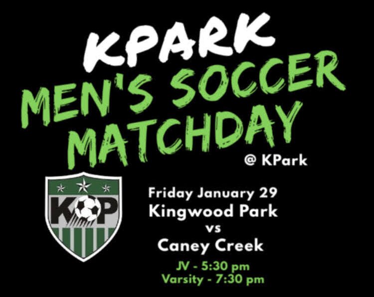 First district HOME game tonight at The Park! Come out and cheer on the boys as we take on Caney Creek. 
JV-5:30  Varsity-7:30 <a href="/HumbleISD_Ath/">Humble ISD Athletics</a> <a href="/HumbleISD_KPHS/">Kingwood Park HS</a>