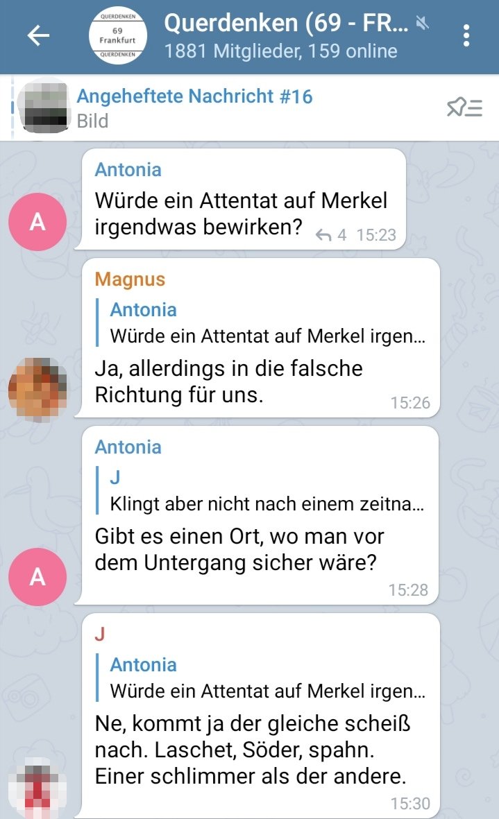 paybackpapst's tweet photo. In der Telegram-Gruppe von #Querdenken69 wird mittlerweile diskutiert, ob Attentate auf Politiker*innen förderlich für die eigenen politischen Ziele wären. https://t.co/gEe6UTWn6O