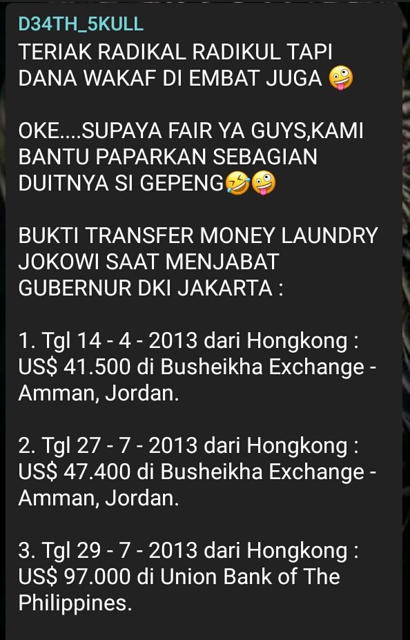 Darkface__'s tweet photo. TERIAK RADIKAL RADIKUL TAPI DANA WAKAF DI EMBAT JUGA 🤪

OKE....SUPAYA FAIR YA GUYS,KAMI BANTU PAPARKAN SEBAGIAN DUITNYA SI GEPENG🤣🤪

BUKTI TRANSFER MONEY LAUNDRY JOKOWI SAAT MENJABAT GUBERNUR DKI JAKARTA :

#d34th_5kull
#exploit8
#darkface
#5kullf4ce
👇 https://t.co/oJTRJGFOd1