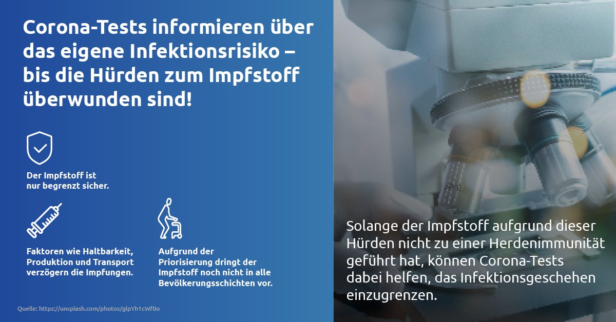Die Euphorie um den #Impfstoff sollte nicht dazu führen, dass nachlässig gehandelt wird. Solange die #Corona-Inzidenz der Länder hoch ist und die genannten Hürden nicht überwunden sind, sind präventive #Coronatests ein gutes Mittel, um die Ausbreitung des Virus zu kontrollieren.