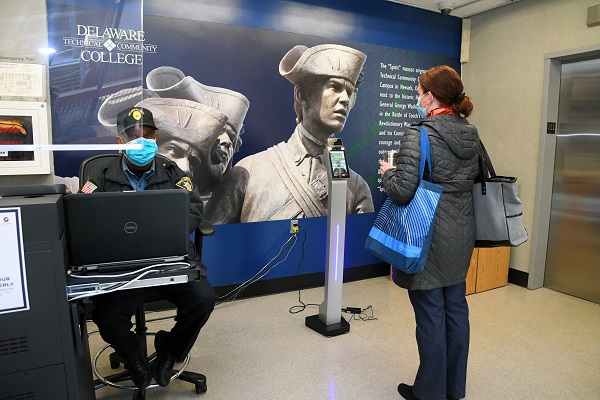 DTCCSafety's tweet photo. New technology to take visitors' temperatures has been installed at each campus. Make sure to wear your mask! #DTCCsafety #MaskUpDE https://t.co/0EpGYYT5hg