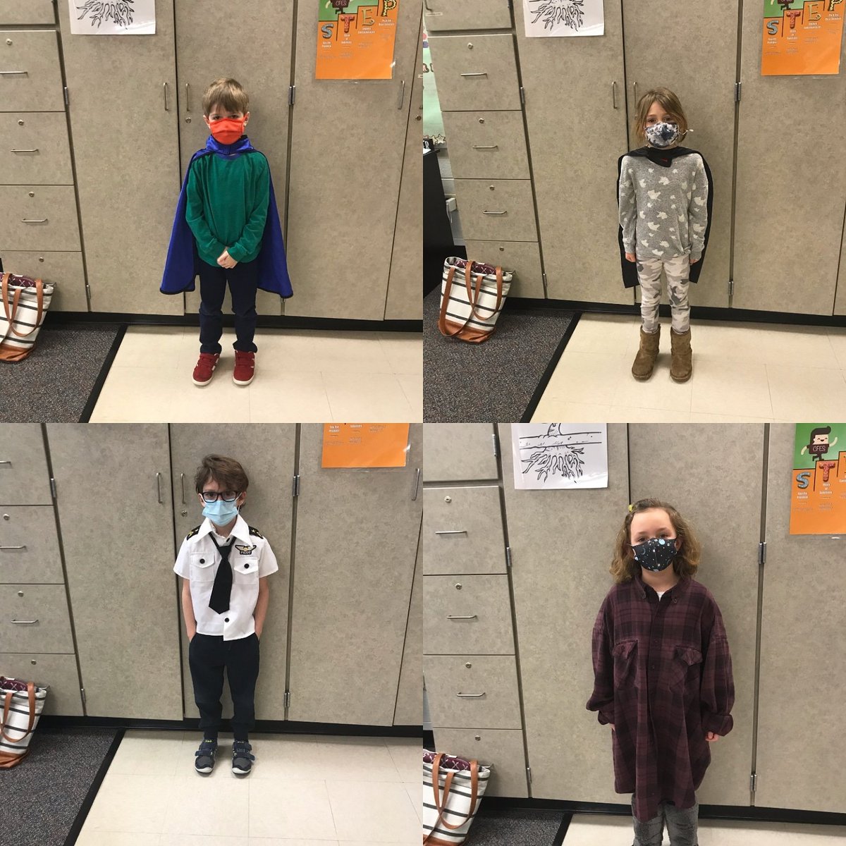 CFES first graders show off superhero spirit wear!  A few of our friends dressed like mom or dad because they are heroes too!  #cfeschargers  #ucfproud #Chaddsforducfsd #everyoneisessential