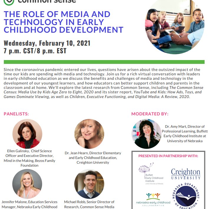 Teach_CU's tweet image. 📣 Dr. Jean Hearn to be a featured panelist FEB 10!
@Creighton, @CommonSense, @BuffettECI, @NebraskaEarly, &amp;amp; @NDE_GOV partnered to present a virtual conversation w/leaders in early childhood discussing "The Role of Media and Technology in Early Childhood Development." @Aquateach1