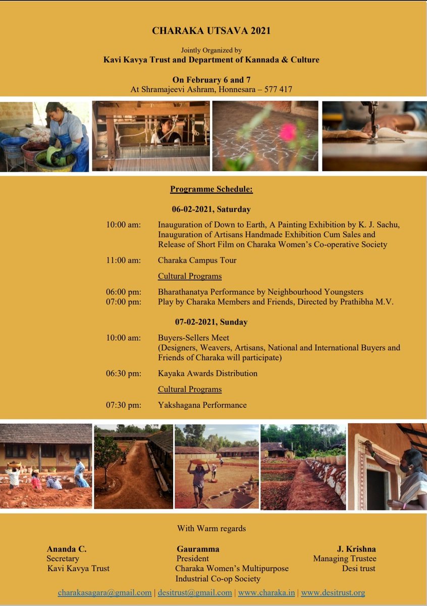charakaheggodu's tweet photo. We welcome all of you to join our annual festival #CharakaUtsava 2021, a celebration of the #Handmade &amp; #HandmakingPeople!
@desitrust @gramasevasangha @karasthala @desiprasanna https://t.co/q0pPfmy33p