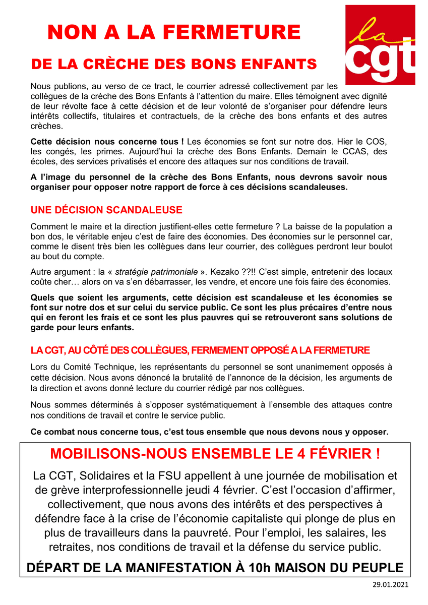 CGTcaGB's tweet photo. À  #Belfort la fermeture d'une crèche est révélateur de la politique de casse du service public et du déni des besoins humains, éducation, soins, bienveillance.
Notre tract pour la mobilisation interprofessionnelle du 4 février.
RDV le 4/02 à 10h Maison du Peuple
#Grève4février https://t.co/EvTG59WzOQ