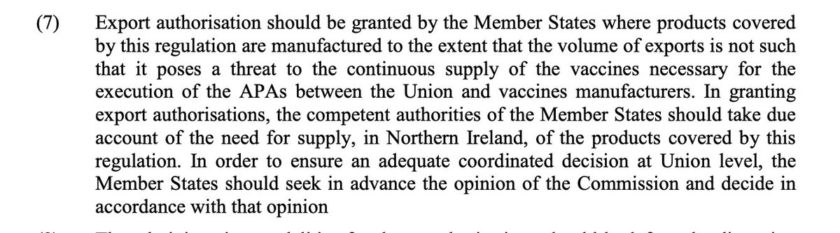 The EU has introduced vaccine export controls that would make it possible for member states to stop exports to the UK.There's a specific consideration for Northern Ireland, however:"Member States should take due account of the need for supply, in Northern Ireland"