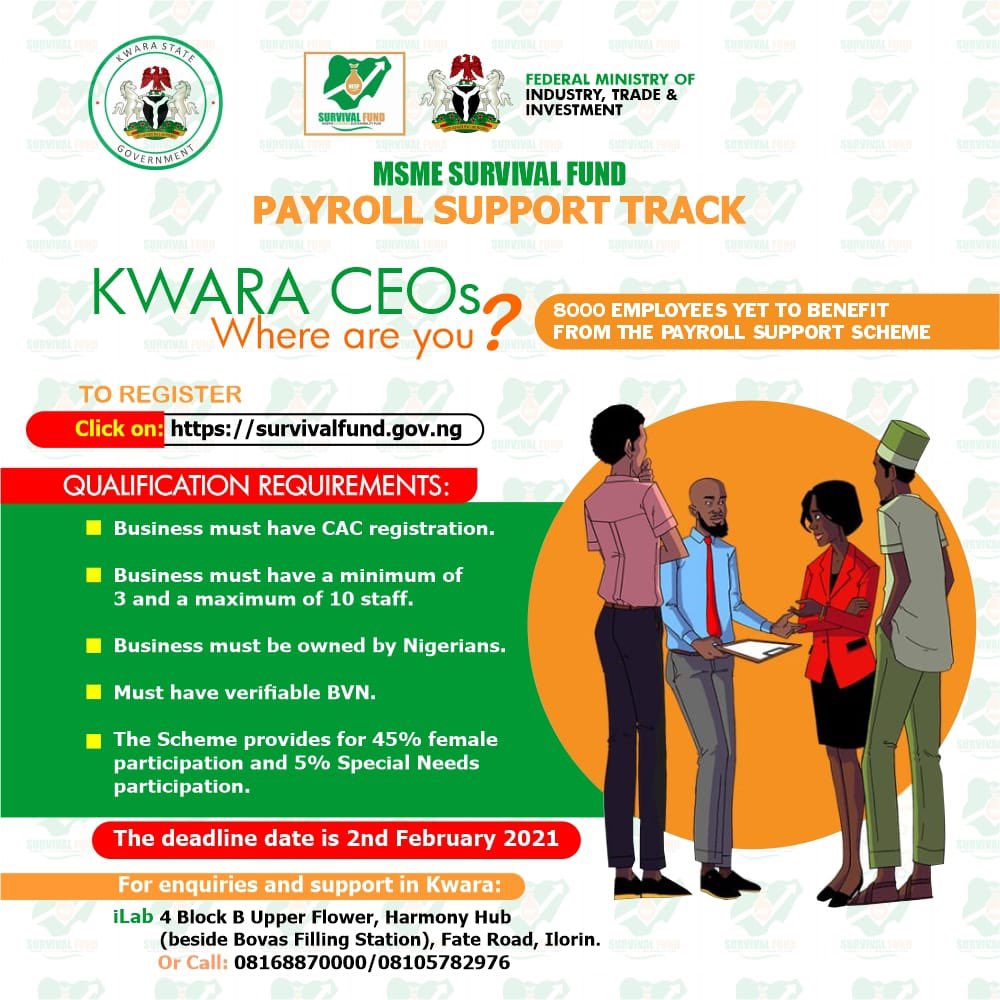 IlorinHub's tweet photo. The MSME Survival Fund Payroll Support Track is still open for businesses in Kwara State. 8000 employees yet to benefit. https://t.co/Xw502RCoI7 @SurvivalFund_ng https://t.co/t2nVmdQfKT