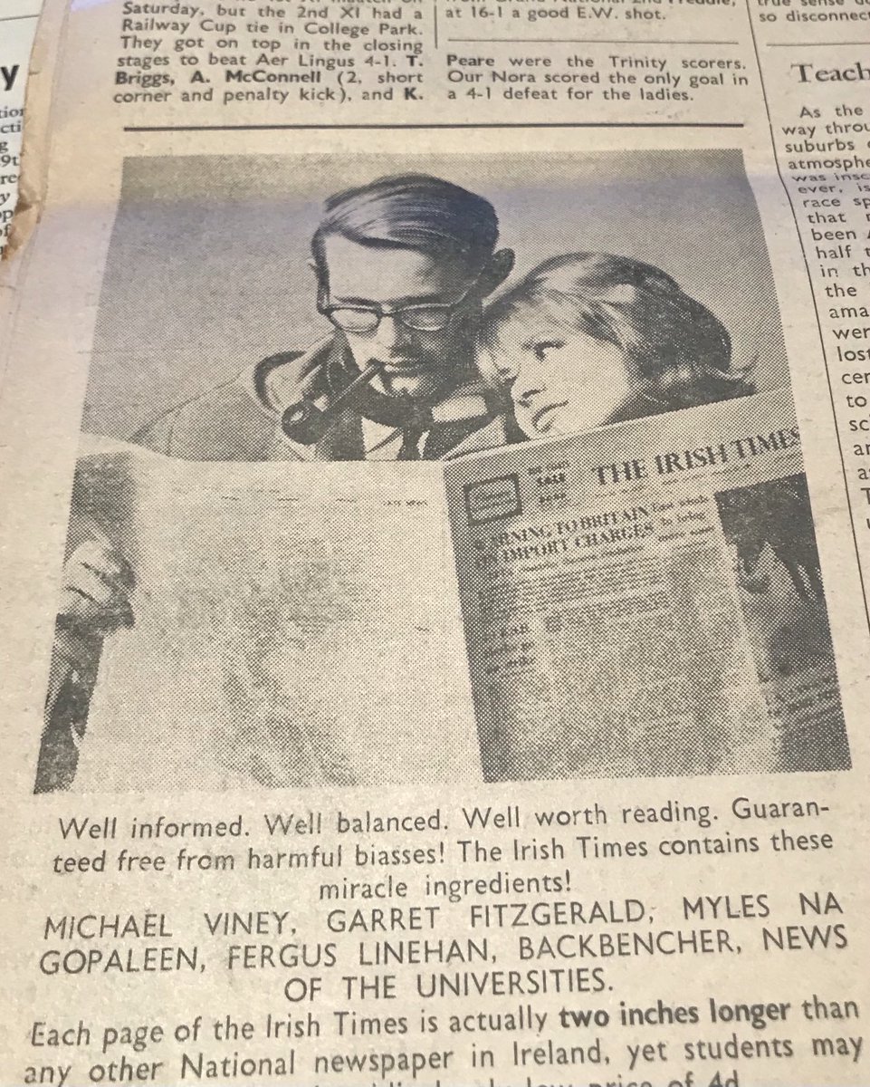 Desdoes's tweet image. An ad for the Irish Times in Trinity News November 1965. Note it is guaranteed to be free from harmful biases