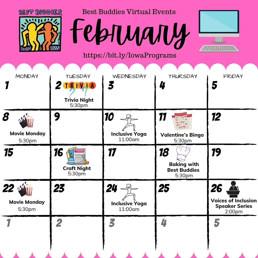 Our February virtual events are posted! Check them out and be sure to register for those you would like to attend!🎉

#bestbuddies #bestbuddiesiowa #bestbuddiesia #bestbuddiesfriendship #bestbuddiesprogramming #bestbuddiesprograms #virtual #virtualevents #bestbuddiesvirtualevents