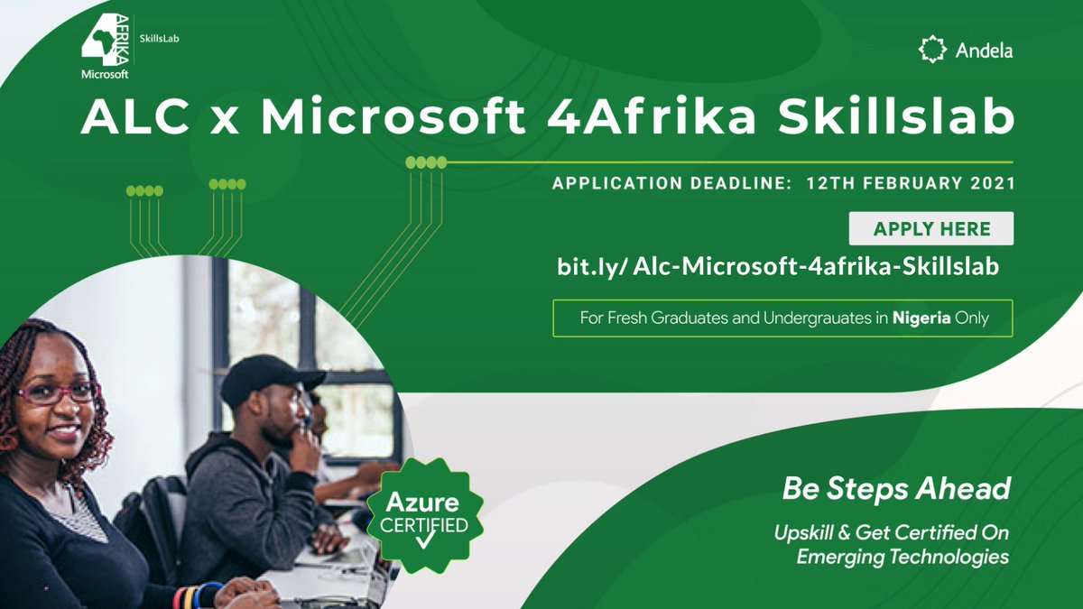andelacommunity's tweet photo. Today we launch yet again an amazing opportunity for Nigerian based undergraduates and fresh graduates looking to upskill and get certified in emerging Azure technologies👏

This program is powered by @Andela and @MicrosoftAfrica Skillslab

Sign-up here: https://t.co/yifgr1qnfq https://t.co/8mHiZ0miRG