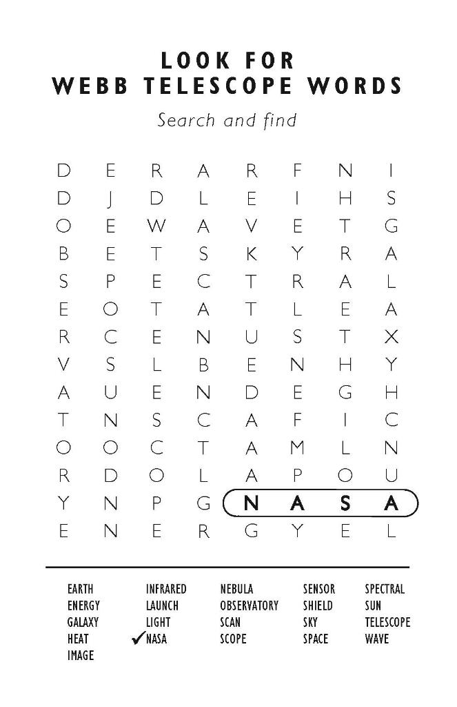 A #NASAWebb word search puzzle from the JWST Science Fun Pad.