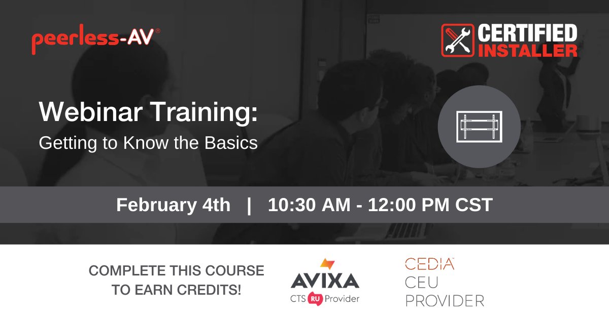 PeerlessAV's tweet photo. Start next month with an online training + a chance to earn 2 @AVIXA CTS RUs and 1 @CEDIA CEU!
Save your virtual seat today: https://t.co/4g5X689BIf
#AVTweeps #proAV #CertifiedInstaller #webinar #webinarseries #onlinetraining #AVIXA #CEDIA https://t.co/QV2iz5JJFe