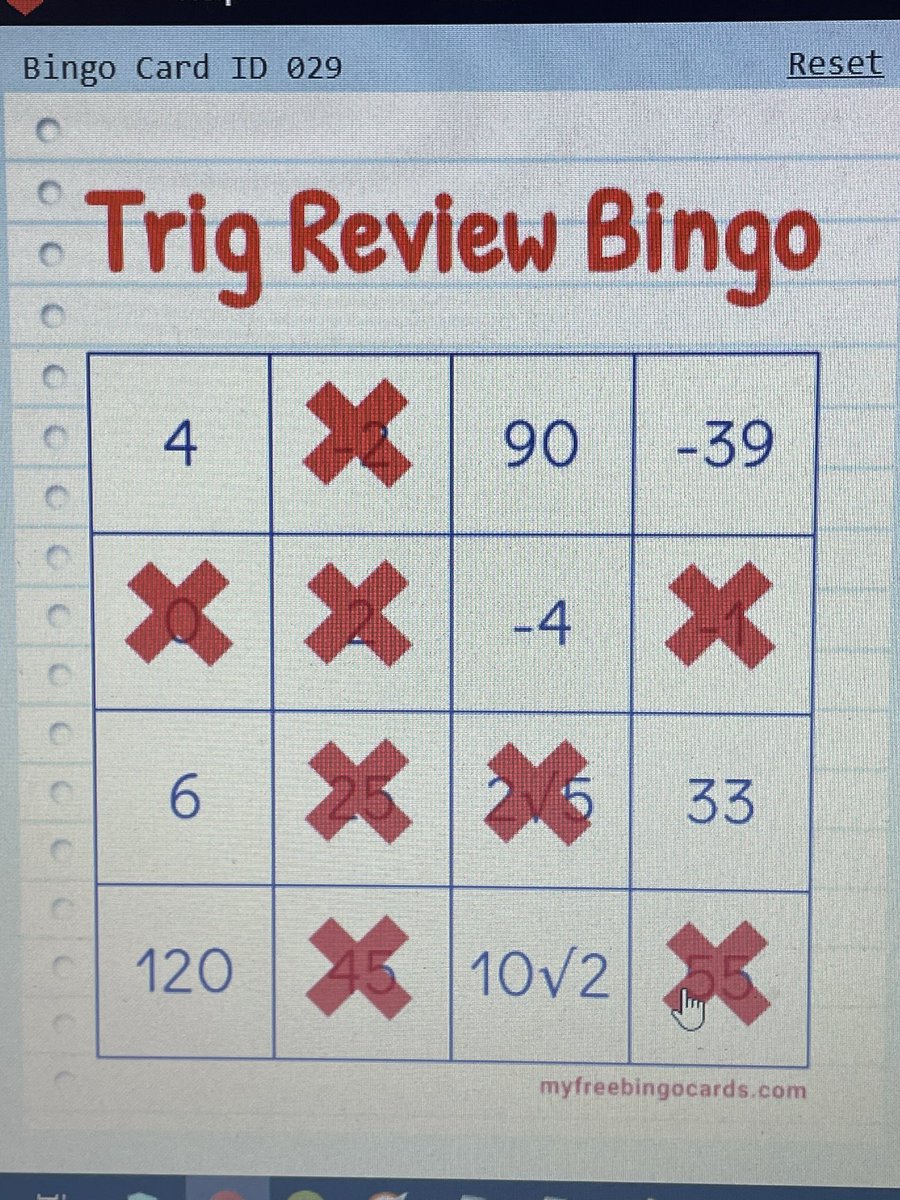 MrSabiaHHS's tweet photo. Tried to switch up the review game, even though I love Kahoot. We played virtual bingo on the last day of Q2 to go over trig concepts and our Alg 2 unit on radical functions and expressions! Pretty easy to set up and some students really seemed to enjoy it! #btfutureready https://t.co/TaFjJv4LKa