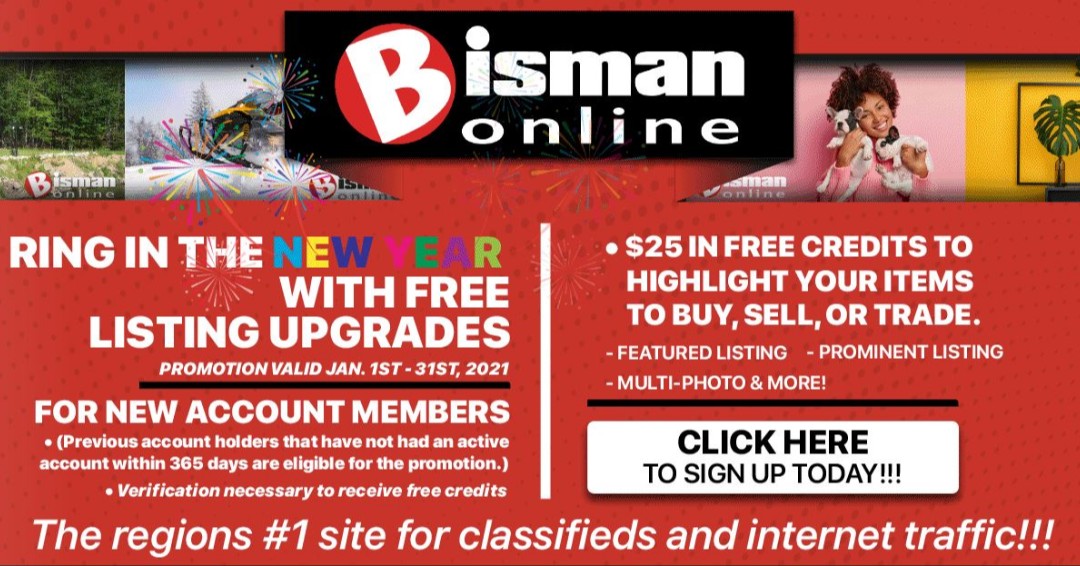 Ring in the New Year with FREE Listing Upgrades! Eligible users will receive $25 in FREE credits to highlight your items to sell or trade. 
Click the link below to sign up today!! 
bismanonline.com/p/free-listing…